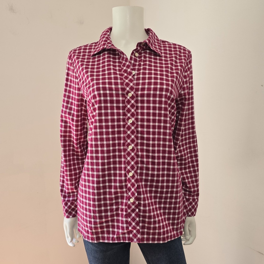 Talbots Shirt Classic Woodland Berry Plaid Gingham Size LP Petite Long Sleeve